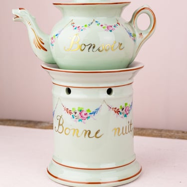 Antique "Bonsoir & Bonne Nuit" Teapot with Warming Stand