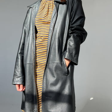 Black Longline Leather Zip Coat (L)