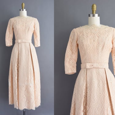 vintage 1950s Dress | Full Length Ivory Champagne Lace Wedding Dress | XS 