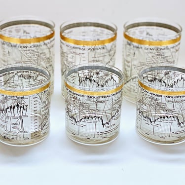 Vintage Cera Glassware double old fashioned cocktail glasses Dow Jones, Stock market lowball whiskey glasses Mid century rocks glasses 