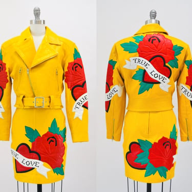 90s Vintage Yellow Leather Motorcycle Jacket Skirt by North Beach Michael Hoban True Love Flower Rose Heart Tattoo Leather Jacket Skirt 