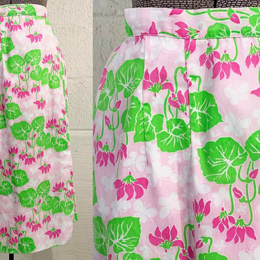 Vintage Floral Wrap Skirt Key West Fashions Pink Green Suzie Zuzek Flowers Lilly Pulitzer Mod A-Line Medium Large 1960s 