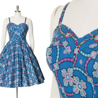 Vintage 1950s Sundress | 50s Sequin Geometric Medallion Printed Cotton Blue Circle Skirt Fit Flare Sweetheart Neck Swing Day Dress (small) 