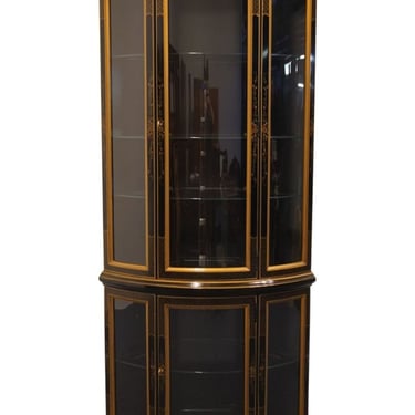 DREXEL Et Cetera Collection Black Lacquered Asian Chinoiserie Style 34" Corner Curio Cabinet w. Gold Detail 