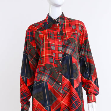 Plaid Patchwork Print Silk Blouse