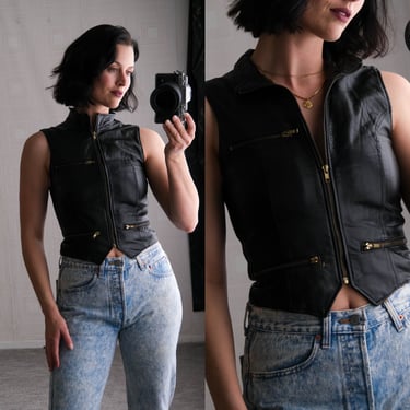 Vintage 90s MAMBO Black Leather Cropped Zippered Vest w/ Leather Tie Backs | Made in USA | 1990s Y2K Designer Streetwear Motorcycle Vest 