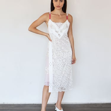 Vintage Paco Rabanne Y2K White Lace + Neoprene Grommet Dress with Pink Spaghetti Straps Double Layered sz XS S M FR 40 Lurex 