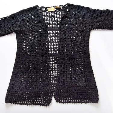 70's Black Crochet Cardigan Sweater Top Blouse Jacket Acrylic 1970's Vintage Knitwear 