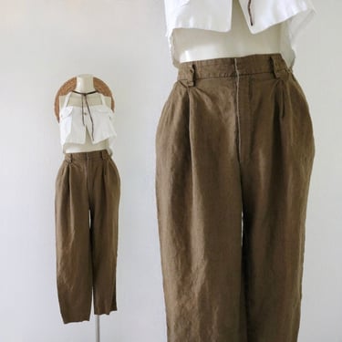 olive linen trousers - 25 - vintage 90s y2k eco minimal sustainable womens pleat pleated front minimal spring summer green pants 