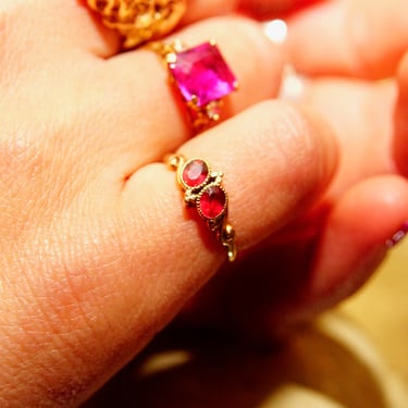 Antique 14K Gold Two-Ruby Gemstone Ring, Thin Embellished Gold Band, Decorated Bezel Setting, Ring Size 5 US 
