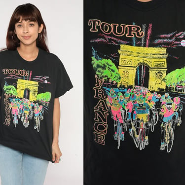 90s Tour De France Shirt Bicycle T Shirt Arc De Triomphe Paris Neon Bike Shirt Cyclist TShirt Vintage Graphic 1990s Sports Medium Large 
