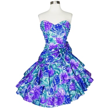 Vintage 80s Strapless Tiered Full Skirt Prom Party Dress XXS XS Extra Extra Small Blue Green Teal Purple White Floral Print Zum Zum Queen 