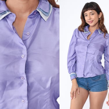 80s Lavender Blouse Peter Pan Collar Puff Sleeve Top Button up Shirt Retro Collared Shiny Princess Seam Blouse Plain Vintage 1980s Small 3 