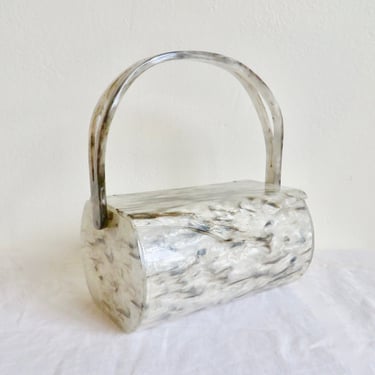 1950's Gray and White Marbleized Lucite Box Purse Wilardy 50's Structured Bag Top Handle Rockabilly Retro Lid Mirror 