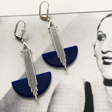 Art Deco earrings Large Stunning Midnight Blue galalith 'Odeonesque' Geometric  jazz age modernist bakelite vintage earrings by BakeliteBa