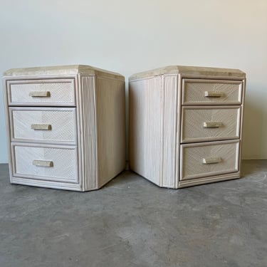 Vintage Coastal Pencil Reed Rattan and Tessellated Stone Top Three Drawers Nightstands - a Pair 