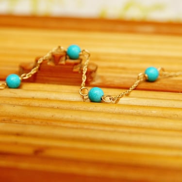 Vintage 14K Gold Turquoise Bead Station Bracelet, Dainty Loose Rope Chain, 4mm Turquoise Beads, 585 Jewelry, Opera Bracelet, 7&amp;quot; Long 