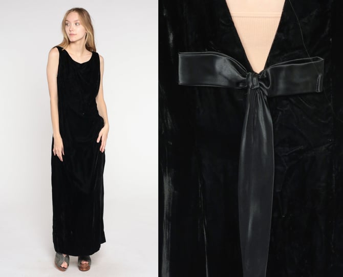 Black Velvet Gown 70s Maxi Dress Low Back Party Dress Ribbon Bow Boho Gothic Sexy Formal Long Dress Cocktail Vintage 1970s Large 12 