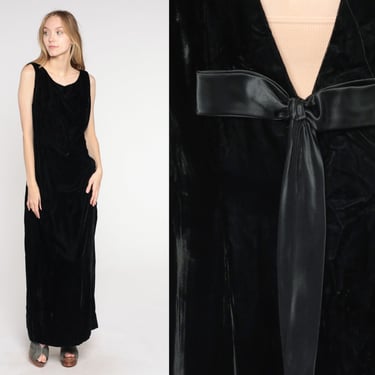 Black Velvet Gown 70s Maxi Dress Low Back Party Dress Ribbon Bow Boho Gothic Sexy Formal Long Dress Cocktail Vintage 1970s Large 12 