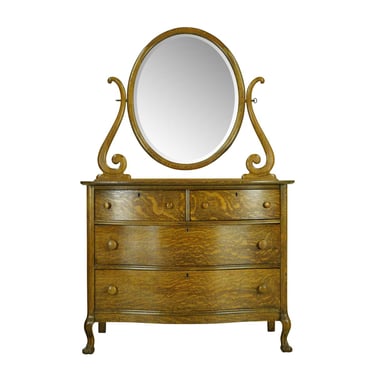 Vintage Tiger Oak 4 Drawer Oval Mirror Bedroom Dresser