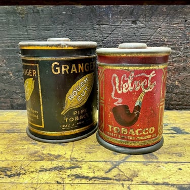 1920s Velvet + Granger Smoking Tobacco Round Top Dome Tin Cans Canister Liggett Myers Vintage Art Deco Advertising Graphics Ads 