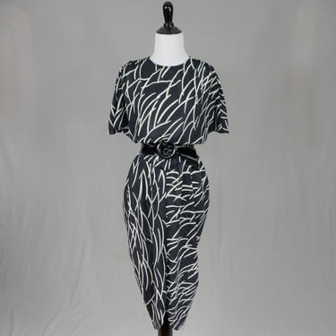 80s Curvy Black and White Semi-Sheer Dress - Curved White Slashes - Vintage 1980s - S 