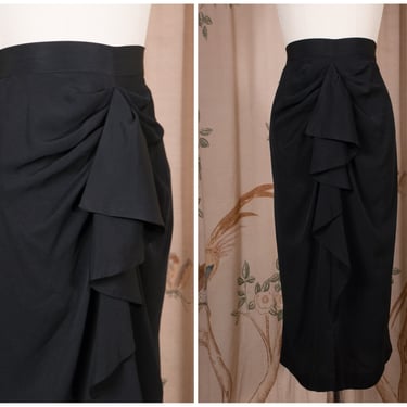 1940s Skirt - Foxy Vintage 40s Draped Black Rayon Cocktail Skirt 