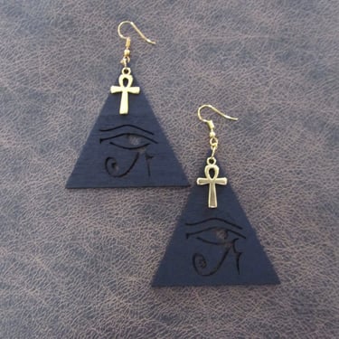 Egyptian African earrings, bold statement earrings, ethnic earrings, wooden earrings, Afrocentric eye of Horus earrings, ankh black 