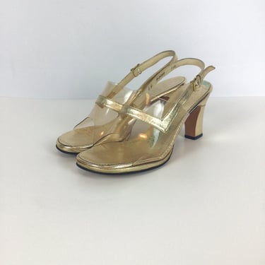 Vintage 60s shoes | Vintage gold lame plastic peep toe shoes | 1960s Amano sling back shoes 