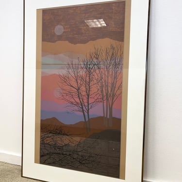 mid century large serigraph framed sunset tree landscape screen print signed Sullivan original modernist art 