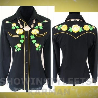 Karman Vintage Western Women's Cowgirl Shirt, Black with Embroidered Yellow Roses & Green Leaves, Approx. Size Medium (see meas. photo) 