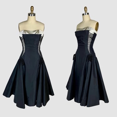 Stunning Vintage 1950s Corset Tied Black Structured Strapless Cocktail Dress Lace Up Perullo David Hart 