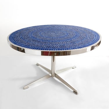 Scandinavian Modern round dining table blue glass mosaic top structure in polished steel