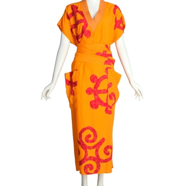 Mondrian Vintage 1980s Orange and Red Print Wrapping Back Vent Dress