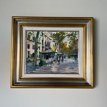 Vintage European Street Scene Oil on Canvas Painting, Framed 