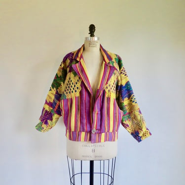 Vintage Guatemalan Woven Multicolor Bomber Style Jacket Latin Designer Heavy Weave Indigenous Textiles 1980's Women's Size Small 
