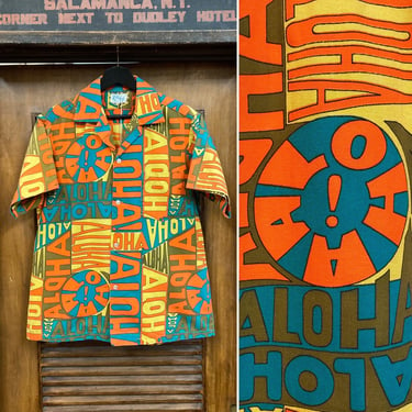 Vintage 1960’s “Aloha” Pop Art Mod Tiki Cotton Hawaiian Shirt, 60’s Vintage Clothing 