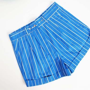 Vintage 80s Tennis Shorts M L 30 to 34 Waist - 1980s Blue White Striped Elastic Waist Athletic Sport Shorts 