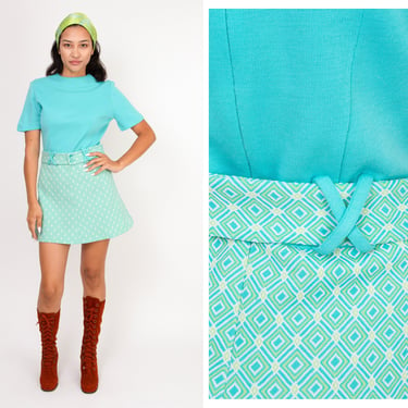 Vintage 1960s 60s Green Blue Abstract Diamond Print Mod Mini Dress w/ Matching Belt 