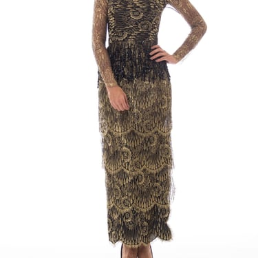 1980s Tiered Gold Lace Gown with Black Beaded Fringe 