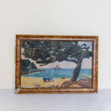 antique French oil on board painting with faux tortoise frame