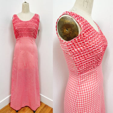 1960s Handmade Pink & White Checkered Smocked Maxi Dress Large | Vintage, Barbie, Costume, Summer, Spring, Tea Party 