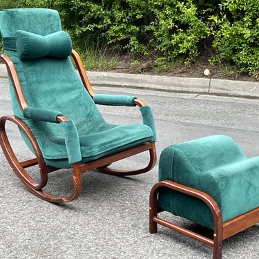 Danish Modern Mid-Century Bentwood Rocking Chair & Ottoman in Green Velvet 