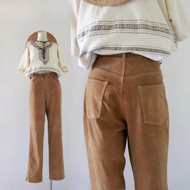 honey suede trousers - 30 - vintage 90s y2k brown golden gold tan camel womens size 8 leather fall lined pants 