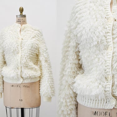 70s Vintage Cream White Loop Knit Shag Sweater Cardigan Small Medium Vintage Wedding Faux Fur Sweater Cardigan by J Gallery White Sweater 