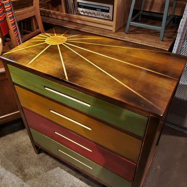 Spectacular Mid-century Modern Starburst Motif Wood Dresser with mod-boho color combo
