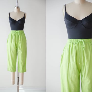 lime green pants | 80s 90s vintage bright neon green loose baggy cotton cropped pants capris 