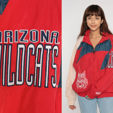 Arizona Wildcats Jacket 90s University Zip Up Windbreaker NCAA Basketball Football U of A Retro Sportswear Red Blue Tan Vintage 1990s Medium 