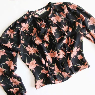 Vintage 70s Black Peach Floral Ruffle Blouse Petite XS - Romantic 1970s Long Sleeve Frilly Top 