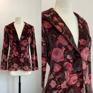 Vintage 70’s ROSE FLORAL VELVET Blazer / Boho Dark Floral / Three Buttons + Faux Pockets / Lined / Alpaq of California 